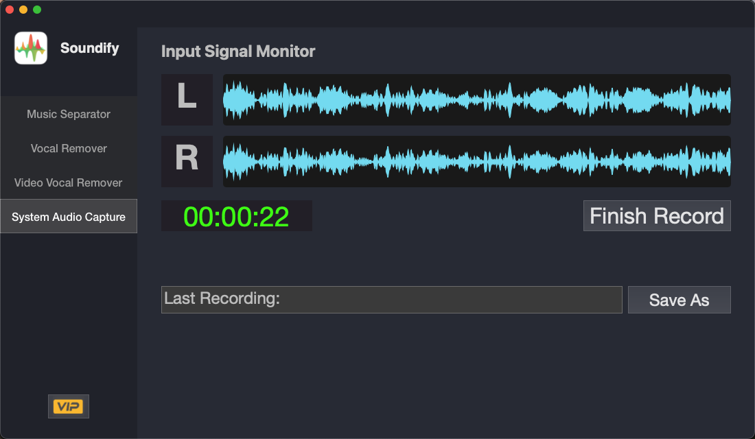 System Audio Capture showing real-time left and right channel waveform monitoring