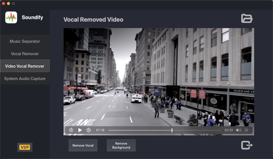 Video Vocal Remover playing a video with options to Remove Vocal or Remove Background