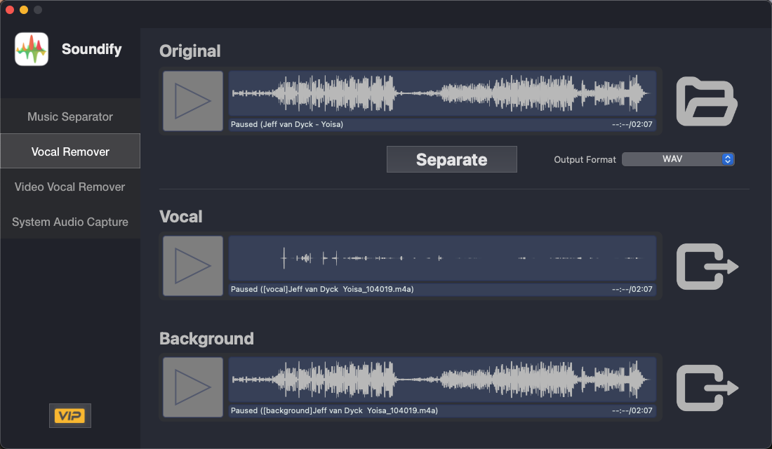 Vocal Remover interface separating a track into a Vocal file and a Background file
